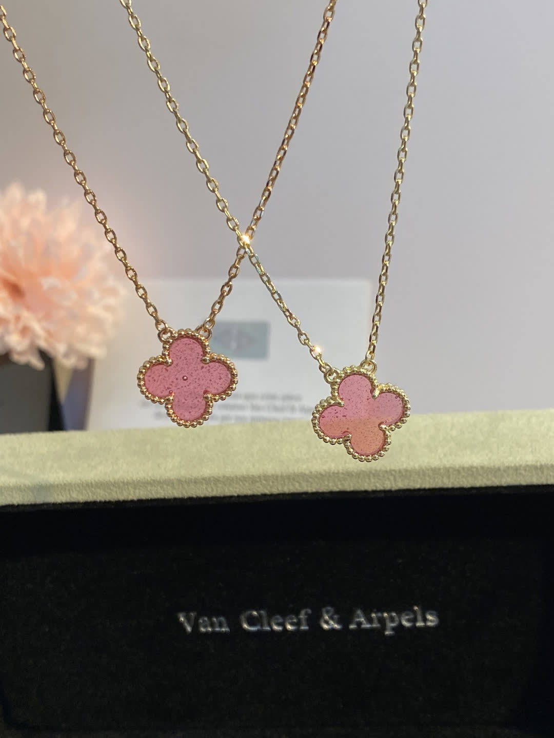 Van Cleef & Arpels Alhambra Pink Enamel Gold Pendant Necklace